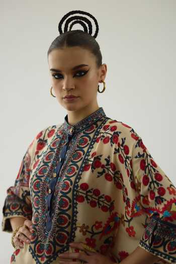 Shop Rajdeep Ranawat Beige Silk Embroidery Bandeau Neck Chanel Bloom Garden Print Tunic Online at Aza Fashions Shop_Rajdeep Ranawat_Beige Silk Embroidery Bandeau Neck Chanel Bloom Garden Print Tunic _Online_at_Aza_Fashions