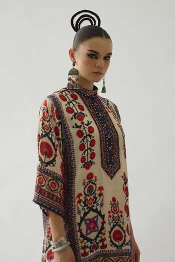 Shop Rajdeep Ranawat Beige Silk Bandeau Neck Ghazal Wild Bloom Print Tunic Online at Aza Fashions Shop_Rajdeep Ranawat_Beige Silk Bandeau Neck Ghazal Wild Bloom Print Tunic _Online_at_Aza_Fashions