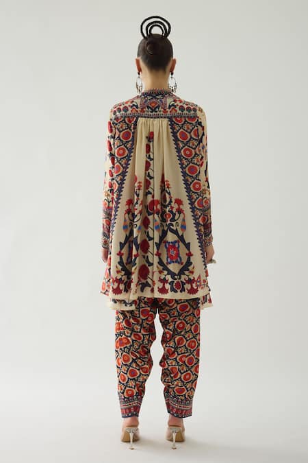 Shop Rajdeep Ranawat Beige Silk Embroidery Bandeau Neck Nilofer French Fleur Print Tunic at Aza Fashions Shop_Rajdeep Ranawat_Beige Silk Embroidery Bandeau Neck Nilofer French Fleur Print Tunic _at_Aza_Fashions