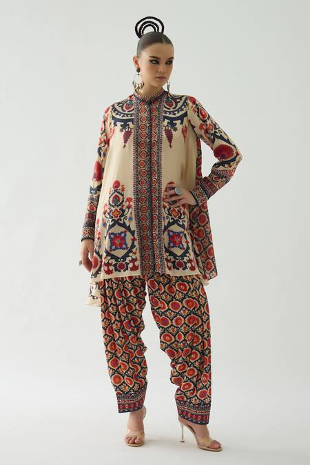 Rajdeep Ranawat Beige Silk Embroidery Bandeau Neck Nilofer French Fleur Print Tunic Online at Aza Fashions Rajdeep Ranawat_Beige Silk Embroidery Bandeau Neck Nilofer French Fleur Print Tunic _Online_at_Aza_Fashions