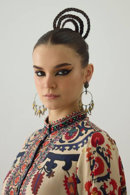 Shop Rajdeep Ranawat Beige Silk Embroidery Bandeau Neck Nilofer French Fleur Print Tunic Online at Aza Fashions Shop_Rajdeep Ranawat_Beige Silk Embroidery Bandeau Neck Nilofer French Fleur Print Tunic _Online_at_Aza_Fashions