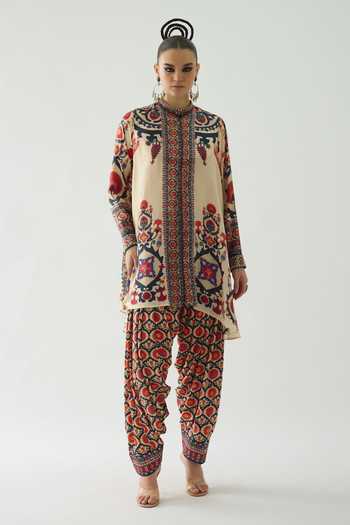 Buy_Rajdeep Ranawat_Beige Silk Mirrors Bandeau Neck Nilofer French Bloom Print Tunic _Online_at_Aza_Fashions
