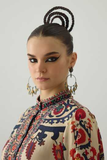 Shop_Rajdeep Ranawat_Beige Silk Mirrors Bandeau Neck Nilofer French Bloom Print Tunic _Online_at_Aza_Fashions