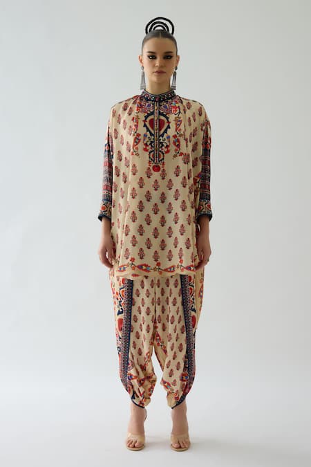 Rajdeep Ranawat Beige Silk Embroidery Bandeau Neck Mabel Damask Bloom Print Boxy Tunic Online at Aza Fashions Rajdeep Ranawat_Beige Silk Embroidery Bandeau Neck Mabel Damask Bloom Print Boxy Tunic _Online_at_Aza_Fashions