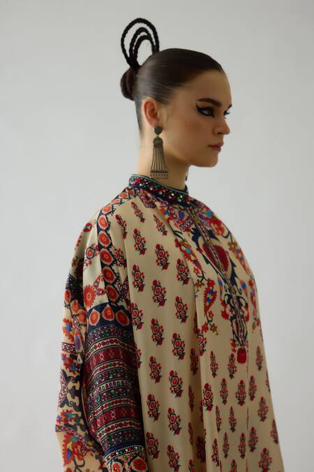 Buy Rajdeep Ranawat Beige Silk Embroidery Bandeau Neck Mabel Damask Bloom Print Boxy Tunic Online at Aza Fashions Buy_Rajdeep Ranawat_Beige Silk Embroidery Bandeau Neck Mabel Damask Bloom Print Boxy Tunic _Online_at_Aza_Fashions