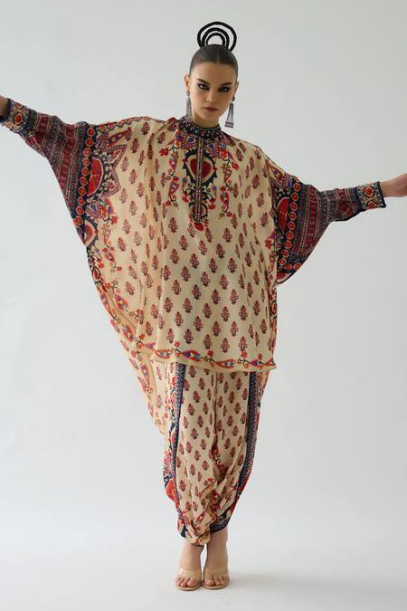 Rajdeep Ranawat Beige Silk Embroidery Bandeau Neck Mabel Damask Bloom Print Boxy Tunic at Aza Fashions Rajdeep Ranawat_Beige Silk Embroidery Bandeau Neck Mabel Damask Bloom Print Boxy Tunic _at_Aza_Fashions