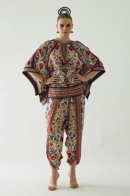 Rajdeep Ranawat Beige Silk Print Mixed Bloom Mandarin Ramona Retro Blossom Poncho Top  
