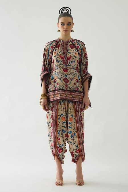 Rajdeep Ranawat_Beige Silk Embroidery Mandarin Collar Ramona Retro Blossom Print Poncho Top _Online_at_Aza_Fashions