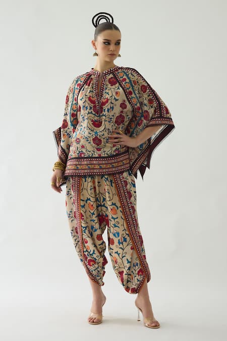 Buy_Rajdeep Ranawat_Beige Silk Embroidery Mandarin Collar Ramona Retro Blossom Print Poncho Top _Online_at_Aza_Fashions