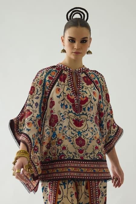 Shop_Rajdeep Ranawat_Beige Silk Embroidery Mandarin Collar Ramona Retro Blossom Print Poncho Top _Online_at_Aza_Fashions