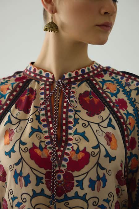 Rajdeep Ranawat_Beige Silk Embroidery Mandarin Collar Ramona Retro Blossom Print Poncho Top _at_Aza_Fashions