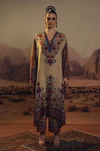 Buy Rajdeep Ranawat Beige Silk Beads V-neck Ghufrina Fleur Meadow Print Kaftan Buy_Rajdeep Ranawat_Beige Silk Beads V-neck Ghufrina Fleur Meadow Print Kaftan