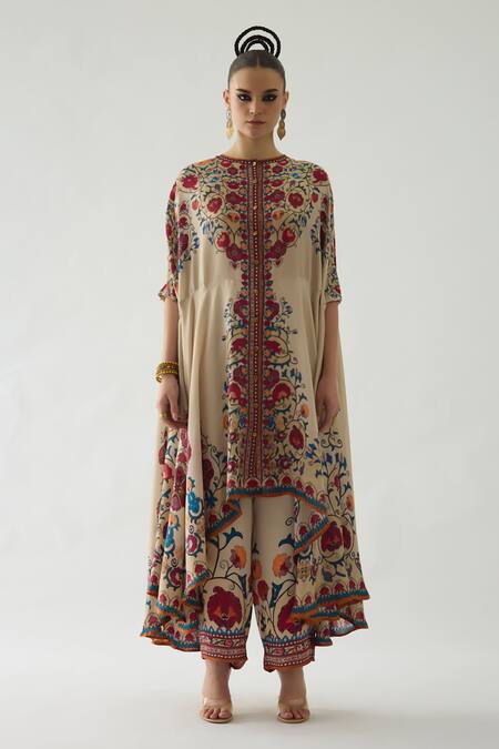 Rajdeep Ranawat_Beige Caprice Phool Print High Low Cape _Online_at_Aza_Fashions