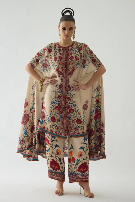 Buy_Rajdeep Ranawat_Beige Caprice Phool Print High Low Cape _Online_at_Aza_Fashions
