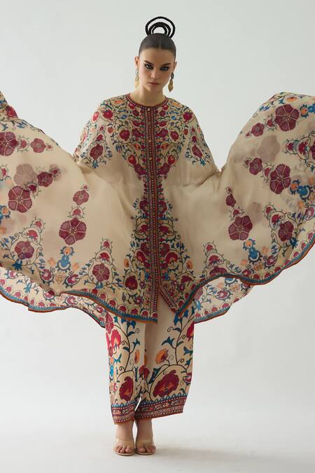 Shop_Rajdeep Ranawat_Beige Caprice Phool Print High Low Cape _Online_at_Aza_Fashions