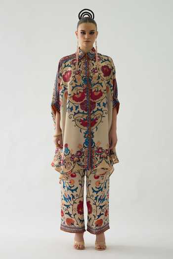 Rajdeep Ranawat_Beige Silk Embroidery Collared Kamara Vintage Phool Print Boxy Shirt _Online_at_Aza_Fashions