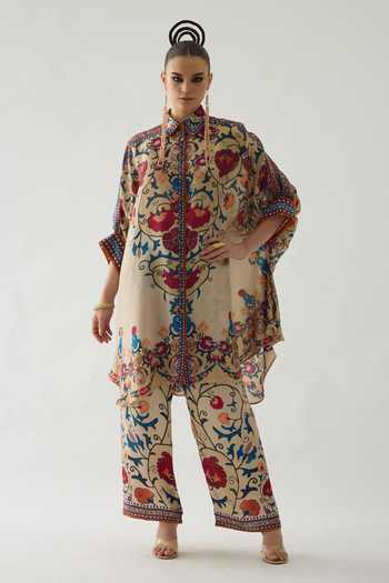 Buy_Rajdeep Ranawat_Beige Silk Embroidery Collared Kamara Vintage Phool Print Boxy Shirt _Online_at_Aza_Fashions