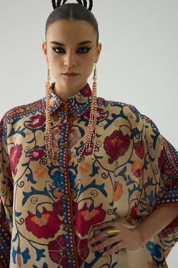 Shop_Rajdeep Ranawat_Beige Silk Embroidery Collared Kamara Vintage Phool Print Boxy Shirt _Online_at_Aza_Fashions