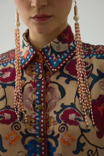 Rajdeep Ranawat_Beige Silk Embroidery Collared Kamara Vintage Phool Print Boxy Shirt _at_Aza_Fashions
