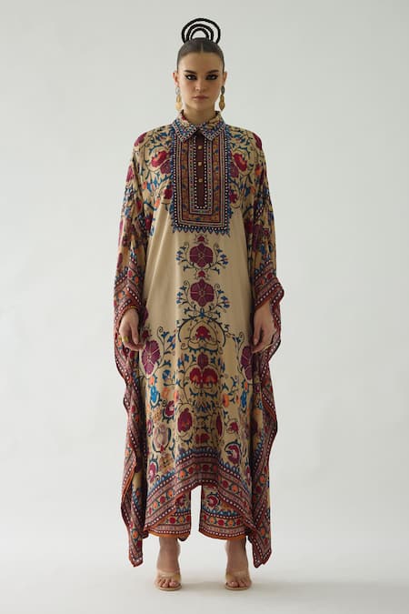 Buy_Rajdeep Ranawat_Beige Silk Mirrors Collared Sharifa Rafflesia Bloom Print Boxy Kaftan _Online_at_Aza_Fashions