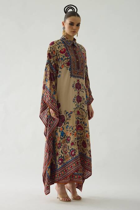 Shop_Rajdeep Ranawat_Beige Silk Mirrors Collared Sharifa Rafflesia Bloom Print Boxy Kaftan _Online_at_Aza_Fashions