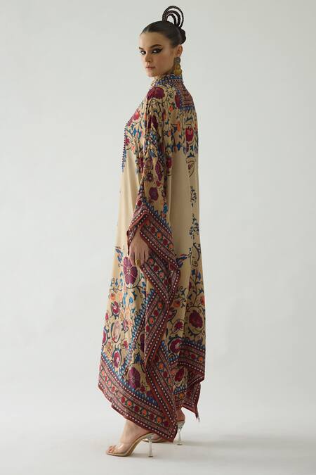 Rajdeep Ranawat_Beige Silk Mirrors Collared Sharifa Rafflesia Bloom Print Boxy Kaftan _at_Aza_Fashions