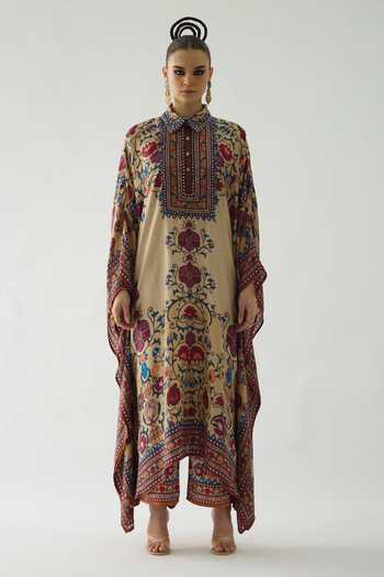 Rajdeep Ranawat_Beige Silk Mirrors Collared Sharifa Plume Garden Print Boxy Kaftan _Online_at_Aza_Fashions