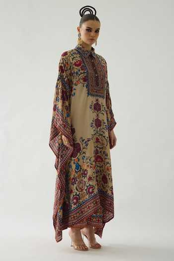 Buy_Rajdeep Ranawat_Beige Silk Mirrors Collared Sharifa Plume Garden Print Boxy Kaftan _Online_at_Aza_Fashions