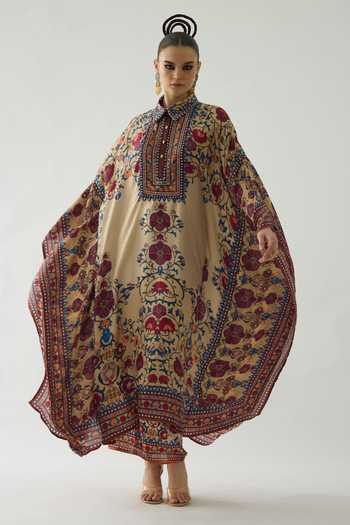 Rajdeep Ranawat_Beige Silk Mirrors Collared Sharifa Plume Garden Print Boxy Kaftan _at_Aza_Fashions