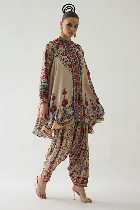 Rajdeep Ranawat Beige Silk Print French Florid Band Collar Neck Nilofer Tunic