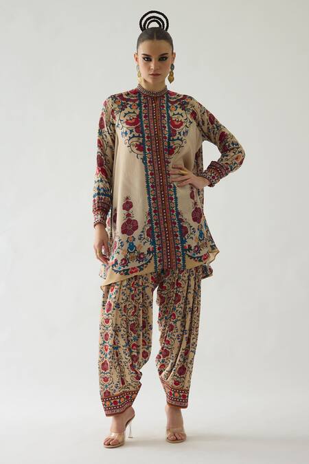 Rajdeep Ranawat_Beige Silk Embroidery Bandeau Neck Nilofer French Florid Print Tunic _Online_at_Aza_Fashions