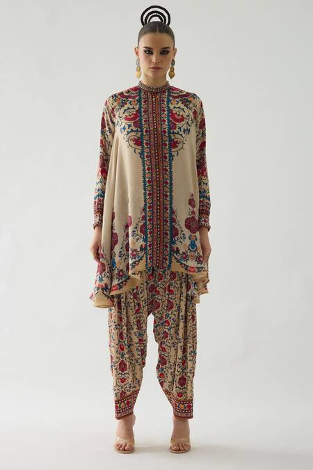 Buy_Rajdeep Ranawat_Beige Silk Embroidery Bandeau Neck Nilofer French Florid Print Tunic _Online_at_Aza_Fashions