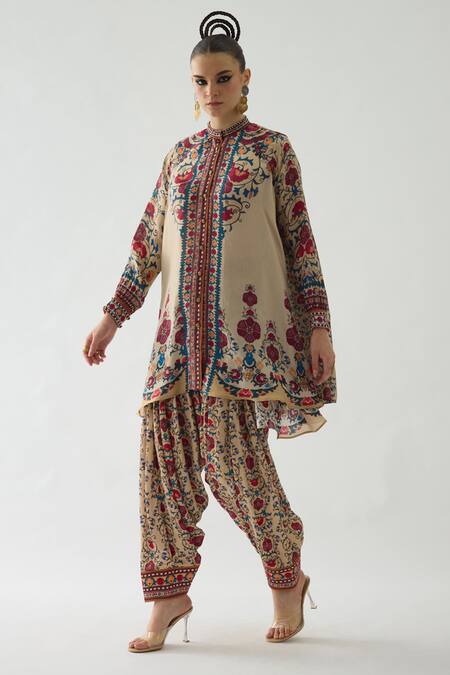 Shop_Rajdeep Ranawat_Beige Silk Embroidery Bandeau Neck Nilofer French Florid Print Tunic _Online_at_Aza_Fashions