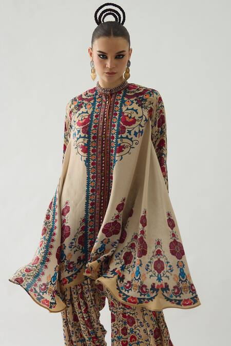 Buy_Rajdeep Ranawat_Beige Silk Embroidery Bandeau Neck Nilofer French Florid Print Tunic 