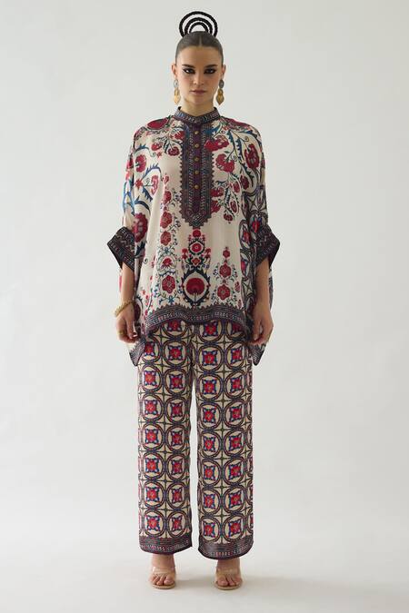 Rajdeep Ranawat_Multi Color Silk Bandeau Neck Chanel Gul Print Tunic _Online_at_Aza_Fashions