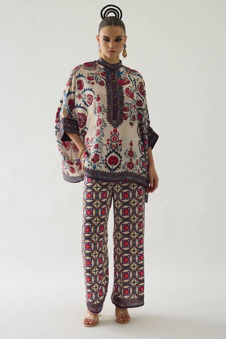 Rajdeep Ranawat_Multi Color Silk Bandeau Neck Chanel Gul Print Tunic _at_Aza_Fashions