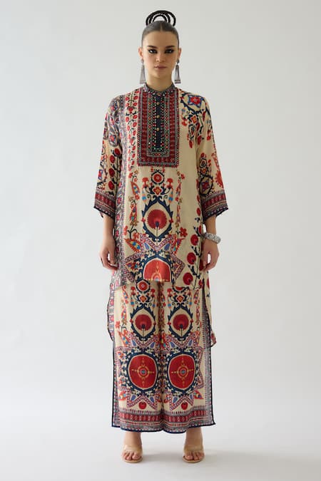 Rajdeep Ranawat_Maroon Silk Bandeau Neck Baaka Bahara Print High Low Tunic _Online_at_Aza_Fashions