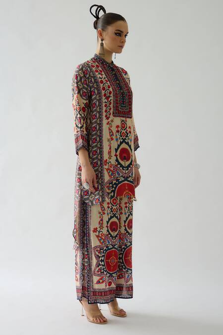 Buy_Rajdeep Ranawat_Maroon Silk Bandeau Neck Baaka Bahara Print High Low Tunic _Online_at_Aza_Fashions