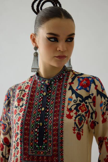 Shop_Rajdeep Ranawat_Maroon Silk Bandeau Neck Baaka Bahara Print High Low Tunic _Online_at_Aza_Fashions