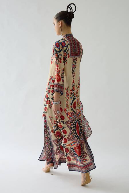 Rajdeep Ranawat_Maroon Silk Bandeau Neck Baaka Bahara Print High Low Tunic _at_Aza_Fashions