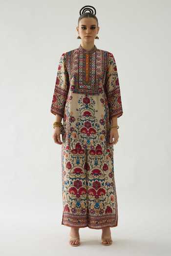 Rajdeep Ranawat_Beige Silk Embroidery, Mirrors Bandeau Neck Baaka Florence Print High Low Tunic _Online_at_Aza_Fashions