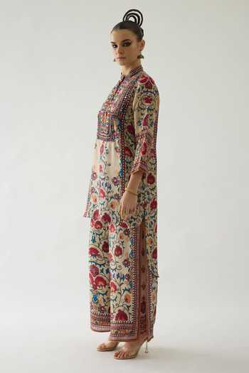 Buy_Rajdeep Ranawat_Beige Silk Embroidery, Mirrors Bandeau Neck Baaka Florence Print High Low Tunic _Online_at_Aza_Fashions