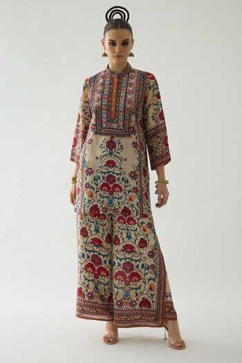 Shop_Rajdeep Ranawat_Beige Silk Embroidery, Mirrors Bandeau Neck Baaka Florence Print High Low Tunic _Online_at_Aza_Fashions