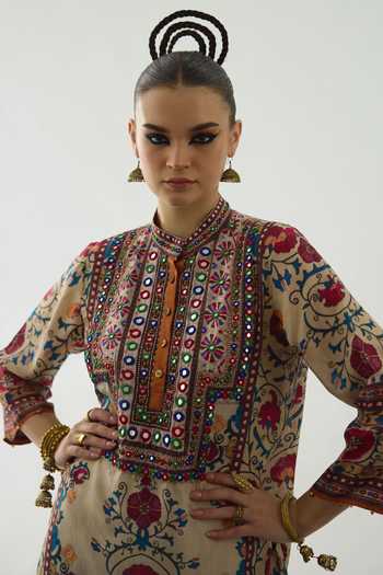 Rajdeep Ranawat_Beige Silk Embroidery, Mirrors Bandeau Neck Baaka Florence Print High Low Tunic _at_Aza_Fashions