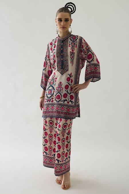 Rajdeep Ranawat Red Silk Mirrors Bandeau Neck Ghazal Gulshan Print Tunic