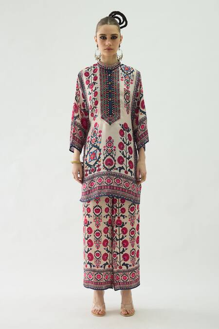 Buy_Rajdeep Ranawat_Red Silk Mirrors Bandeau Neck Ghazal Gulshan Print Tunic _Online_at_Aza_Fashions