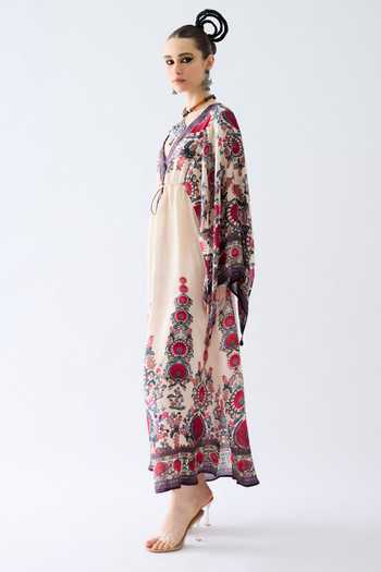 Rajdeep Ranawat_Maroon Silk Beads V-neck Parma Budding Joy Print Kimono Sleeves Kaftan _Online_at_Aza_Fashions