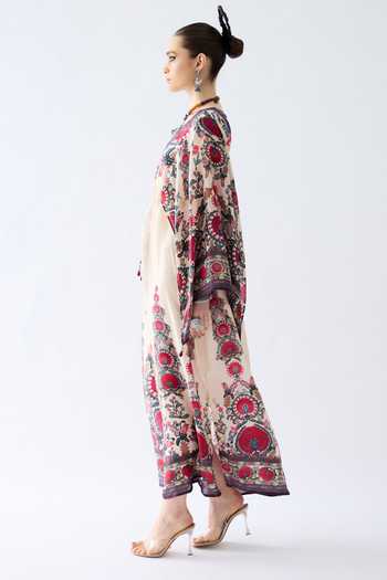 Buy_Rajdeep Ranawat_Maroon Silk Beads V-neck Parma Budding Joy Print Kimono Sleeves Kaftan _Online_at_Aza_Fashions