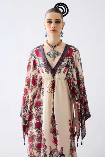 Shop_Rajdeep Ranawat_Maroon Silk Beads V-neck Parma Budding Joy Print Kimono Sleeves Kaftan _Online_at_Aza_Fashions
