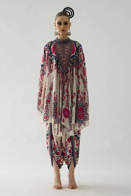 Rajdeep Ranawat_Red Silk Embroidery Bandeau Farah Budding Garden Print Draped Circular Dress _Online_at_Aza_Fashions